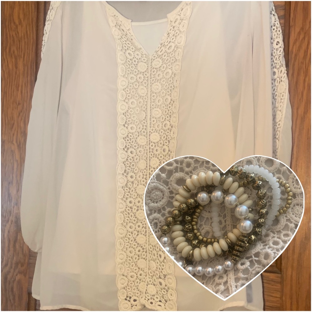 ROZ & ALI Size XL Cream Sheer Blouse w/Tank +Complimentary Coodinating Jewelry